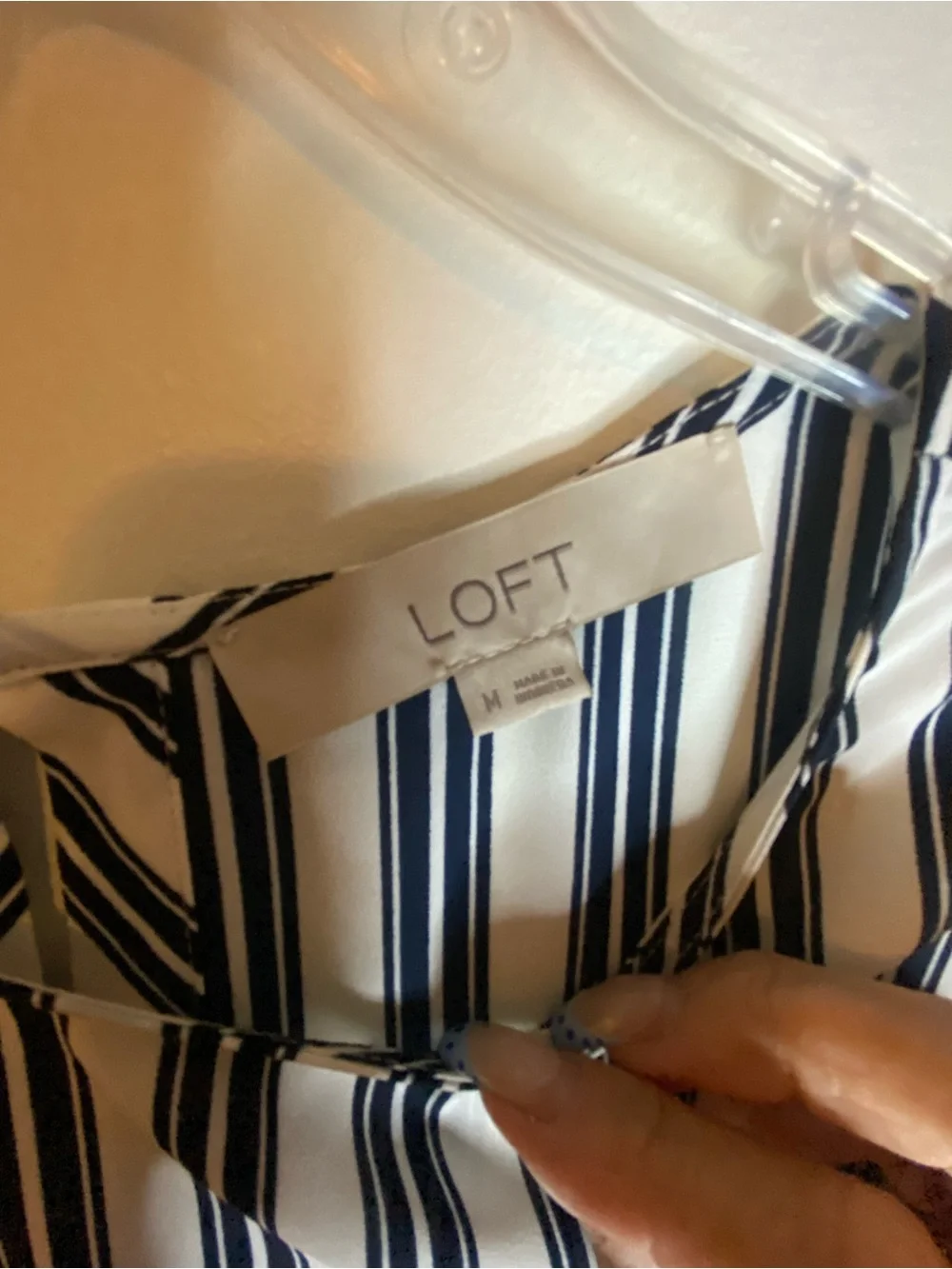 LOFT White Blouse with Navy Vertical Stripes